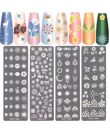 NICENEEDED Nail Art Stamping Plates Image Template Included 4 Pcs Nail Plates Nail Stamp Templates with Flower Christmas Snow Elk Patterns Image Plates for DIY Nail Design Style 2
