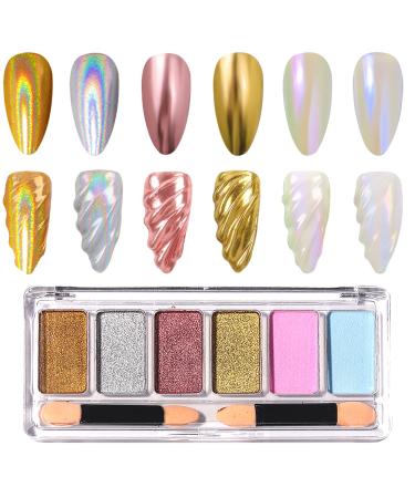 Chrome Nail Powder  6 Color Metallic Mirror Nail Powder Palette  Holographic Chrome Powderfor Nails Aurora Powder Pearl Chrome Nail Powder for Nail Art DIY with 2 Pcs Eyeshadow Sticks