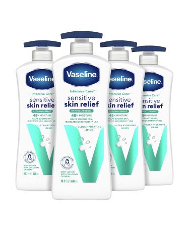 Vaseline Intensive Care Body Lotion Sensitive Skin Relief 4 Ct For Dry Skin With Colloidal Oatmeal and Ultra-Hydrating Lipids 20.3 oz