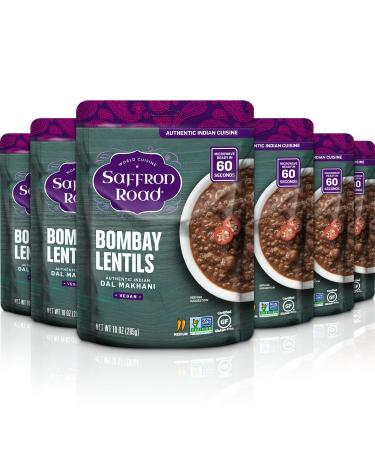 Saffron Road Bombay Lentils Meal Pouch - 6 Pack 10 Oz Each - Vegan Gluten-Free Non GMO Halal and Kosher