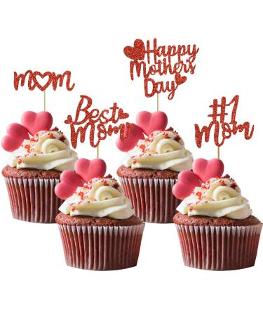 BEISHIDA 12pcs Happy Mother's Day Cupcake Toppers Best Mom Cupcake Decorations Red Cupcake Toppers for Women Mother's Day Party Decoration Party Supplies 12 pcs
