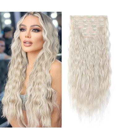 Hair Extensions REECHO Blonde Clip in Hair Extensions 24" Thick Long Loose Waves hair extensions HE002 Invisible Lace Weft Natural Soft Hairpieces for Women C Platinum Blonde Platium Blonde