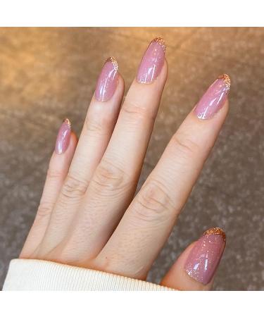 Novo Ovo Medium-Length Oval Almond Dark Pink & Gold Glitter French Tip Press-On Nails | Chrome Artificial Fingernails | Easy Sticking with Glue - Buy Online on SooperMarket.com