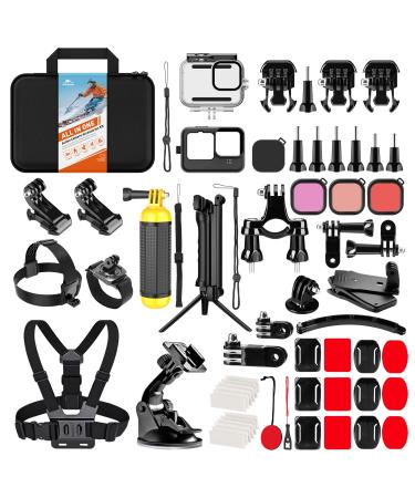 HONGDAK Action Camera Accessories Kit for GoPro Hero 11 10 9 Black, Waterproof Housing+Silicone Case+3-Way Adjustable Arm+Head Chest Wrist Strap+Bike Mount+Suction Cup+Floating Grip Bundle Set 63 in 1