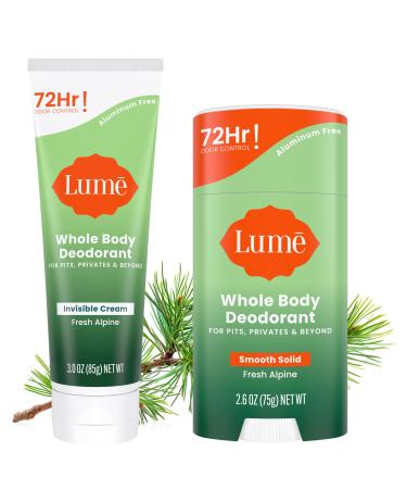 Lume Whole Body Deodorant - Invisible Cream Tube and Solid Stick - 72 Hour Odor Control - Aluminum Free Baking Soda Free Skin Loving - 3.0 Ounce Tube and 2.6 Ounce Solid Stick Bundle (Fresh Alpine)