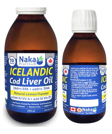 Naka Platinum Icelandic Cod Liver Oil TG form Natural Lemon Flavour Made in Canada (200ml) 200 ml (Pack of 1)