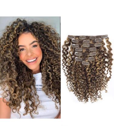 Clip in Human Hair Extensions Afro Jerry Curly 3B 3C Real Hair Clip in Extensions For Black Women Natural Black Color 100% Brazilian African American Hair Extension (22 Inch, Jerry Curly #P4/27) 22 Inch Jerry Curly #P4/27