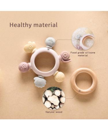 Bopoobo Silicone Rudder Teether Toy with Wooden Ring for Babies | Soothing Teething Toy for 3-12 Months | Montessori Baby Chew Toy (Pink) - Buy Online on SooperMarket.com