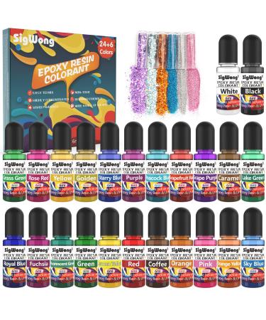 Epoxy Resin Pigment - 24 Colors Liquid Translucent Colorant  Highly Concentrated Epoxy Resin Dye for DIY Jewelry Making  Paint  Craft - 6ml Each  with 6 Colors Resin Glitter