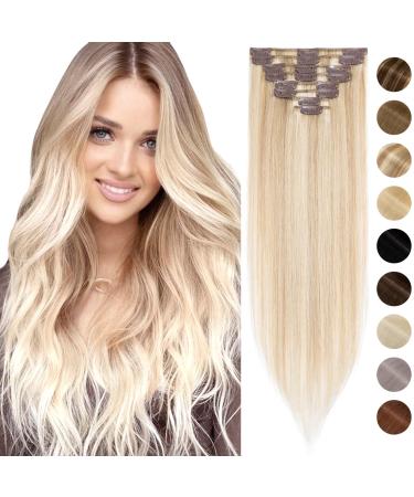 Silk-co Hair Extensions Clip in Human Hair Extension 14inch Balayage 100% Real Remy Straight Human Hair #18P613 Ash Blonde&Bleach Blonde -Basic Thickness-Thin Weft 60g