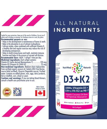 Optimal Bone & Teeth Support D3 + K2 180 Softgels - Optimal Absorption with Organic Coconut Oil Base MK7 K2 Vitamin for Bone & Heart Health Inspiring Wellness with D3K2 Vitamins 3rd Party Tested - Formulated & Made in Canada - Buy Online on SooperMarket.com