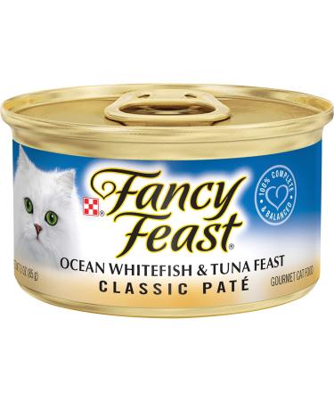 Purina Fancy Feast Grain Free Pate Wet Cat Food, Classic Pate Ocean Whitefish & Tuna Feast -3 oz. Cans, 24 Count (Pack of 1)
