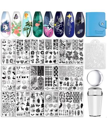 Biutee Nail Stamping Plates set 15 pcs Nail Art Stamper Nail Stamp Template Kit Scraper Storage Bag Gift Box Lace Flower Butterfly Star Holiday Sports Design Nail Image Plate