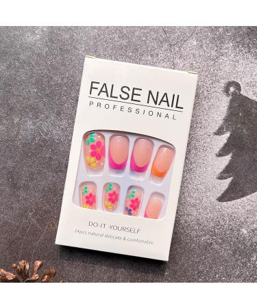 GORS 24 Pcs Colorful French Square Short Press on Nails - Acrylic Full Cover Coffin False Nails for Women - Multicolor 3D Flower Nail Art Decor - Buy Online on SooperMarket.com