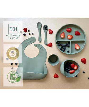 RYLOOBABY 6-Piece Baby Feeding Set with Suction Plate, Bib, Cup, Spoon & Fork - Sage | Non-BPA Food Grade Silicone - Buy Online on SooperMarket.com