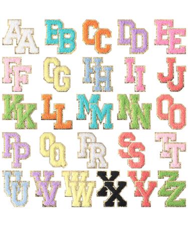 52 Pieces Chenille Letter Patches A-Z Iron on Patches Gold Glitter Border Repair Embroidered Patch for Fabric Clothing Hats Bags Jackets Shirt (Bright Color, Cute Style) Bright Color Cute Style