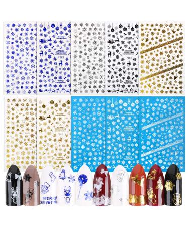 10 Sheets 1400+pcs 3D Christmas Nail Art Stickers Decals Self Adhesive for Women Girls Snowflake Elk Christmas Stockings Snowman Bell Merry Christmas Nail Decorations 5 Colors 10 Sheets
