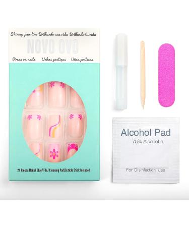 NOVO OVO Short Square Floral False Nails Kit - Happiness as Flowers Purple Lavender Swirl - Valentine's Day & Spring - Buy Online on SooperMarket.com