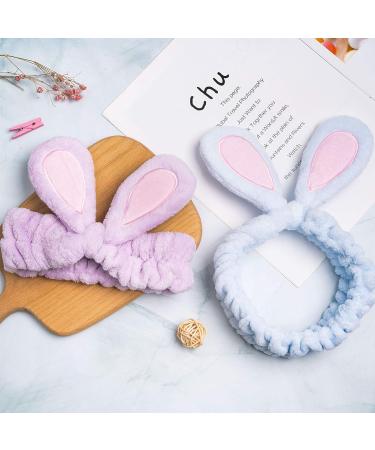 Whaline 4 Pack Easter Rabbit Ear Makeup Headband Set for Women - Coral Fleece Elastic Head Wrap for Party, Beauty Shower - Blue, White, Gray, Purple - Buy Online on SooperMarket.com