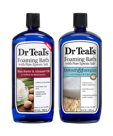 Dr Teal's Foaming Bath Combo Pack (68 fl oz Total), Soften & Moisturize with Shea Butter & Almond Oil, and Detoxify & Energize with Ginger & Clay