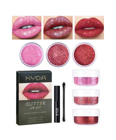 FREEORR 3 Colors Glitter Lip Kit  Diamond and Glitter Metallic Lip Powder with Lip Primer  Waterproof Long Lasting & Smudge Proof  Upgrade Version Glitter Lip Cosmetic without Sticky Flake Off Set A