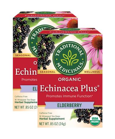 Traditional Medicinals Organic Echinacea Plus Elderberry Herbal Tea Promotes Immune Function (Pack of 2) - 32 Tea Bags Total 16 Count (Pack of 2) Organic Echinacea Elder 16 Count (Pack of 2)
