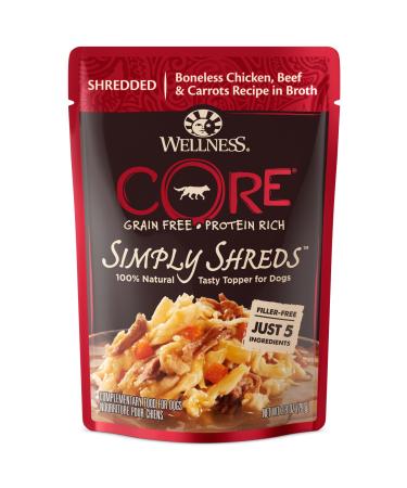 Wellness CORE Simply Shreds Dog Food Mixer or Topper, Grain-Free, Made with Natural Ingredients, 2.8 Ounce Mess-Free Pouches Beef 12 Pack