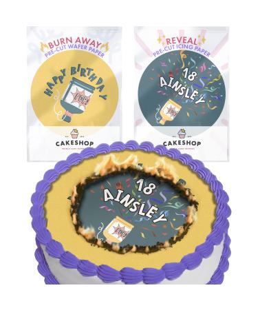 Cakeshop Burn Away Cake Edible Topper Pack | 1 x Icing sheet & 1 x Wafer Sheet | Party Popper Birthdays For Him or Her | Personalise With Your Required Age & Name | Multiple Shapes & Sizes to Choose Non-prime