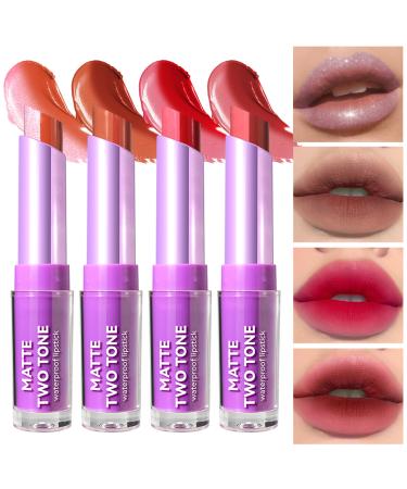 4Pcs Bitten Lips Lipstick Set Shiny Nude Matte Lipstick for Women Buildable Dual Colors Lipstick Long Lasting Waterproof Cream Lipstick Gift (Set A)