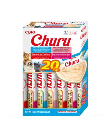 Inaba churu puree multipack - a total of 20 tubes: 5x tuna with salmon 5x tuna with shrimp 5x tuna with scallops and 5x tuna with crab tuna & seafood 280 g (1 Pack)