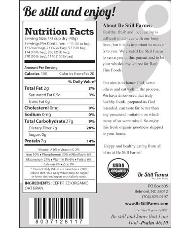 Be Still Farms Organic Oat Bran (5lb) - Gluten Free & Non-GMO - Bulk Wheat Bran Alternative - Organic Oat Bran Powder - Healthy Snack Option - 5 Pound Pack - Buy Online on SooperMarket.com