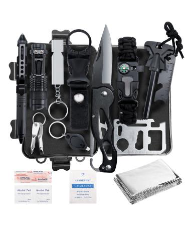 Gifts for Men Dad Husband Him, Survival Kit, Survival Tools with Camouflage Bag Cool Gadgets Stocking Stuffers for Families Hiking Camping Black-15kits