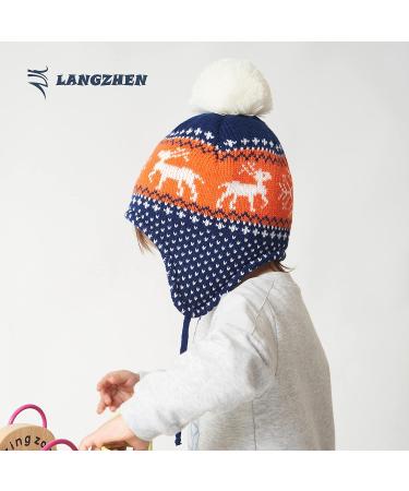 LANGZHEN Toddler Winter Hat Earflap Knit Cap Fleece Lined Beanie - Baby Boys Girls 6-12 Months (Deer-Navy Blue) - Buy Online on SooperMarket.com