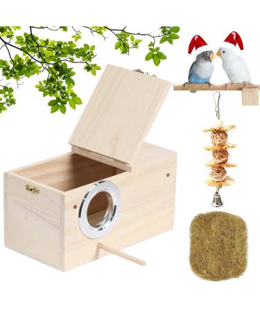 PETWAKEY-ST Birds Breeding Box,Wooden Parakeet Nesting Box Cage House with Coconut Fiber Bird Toy for Cockatiel Lovebirds Budgie Finch Canary (7.8x4.8x4.8)