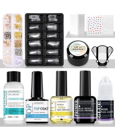 LOUINSTIC Acrylic Nail Supplies Set - with Acrylic Nail Primer French Nail Tips Nail Glue Brush Conditioner Top Coat Cuticle Oil Nail Rhinestones and Glue Gel Kit for Acrylic Nails Art