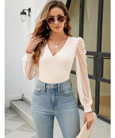 Fayenne Womens Tops Deep V Neck Cross Wrap Sexy Tops Polka Dot Mesh Long Sleeve T Shirt Casual Blouses S Beige - Buy Online on SooperMarket.com