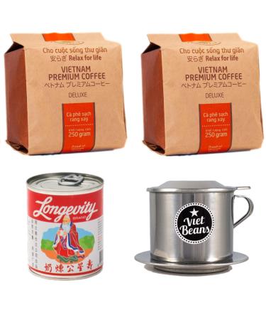 Vietnamese coffee starter set Hello5 - 2 x 250g + filter (phin) + signed condensed milk - high -quality coffee beans from the highlands from Da lat Vietnam Deluxe/Organic Bohne