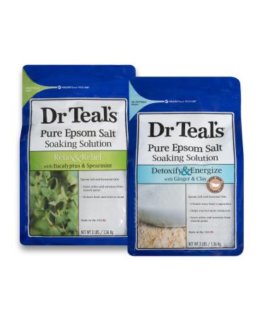 Dr Teal's Epsom Salt Soaking Solution Eucalyptus and Detoxify & Energize 2 Count - 6lbs Total (Packaging May Vary)