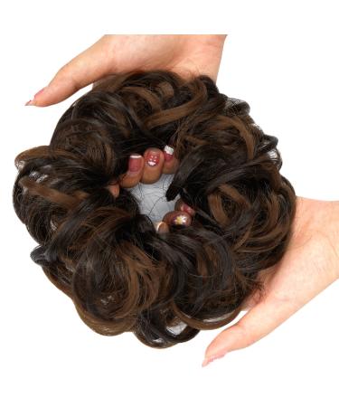 Messy Bun Hair Piece Scrunchies Extension Curly Wavy Updo Hairpieces Synthetic Chignon Ponytail Hair Accessories for Women Girls (Dark Brown Mix Light Auburn) 1 PCS 7# Dark Brown Mix Light Auburn