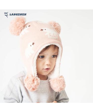 LANGZHEN Toddler Kids Winter Hat Earflap Knit Cap for Boys Girls 2-4 Years - Pink Stripe Polar Bear Design - Buy Online on SooperMarket.com