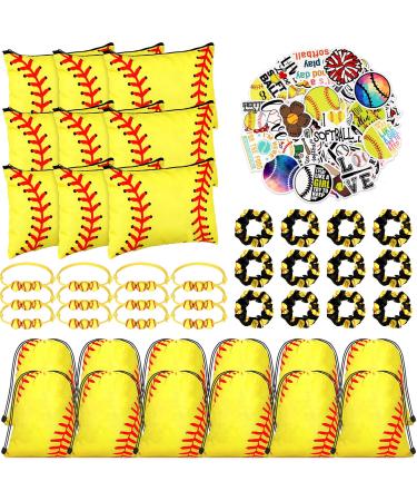 148 Pcs Softball Gifts for Girls 12 Set Softball Party Favors Include Drawstring Backpack Cosmetic Bag Scrunchies Hair Bracelets Softball Stickers for Softball Birthday Decorations