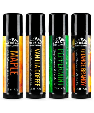 Lip Balm Set - 4 Scents - Maple Vanilla Coffee Peppermint & Orange Brandy - No Shine Matte Finish - Featuring Coconut Oil Avocado Oil Bees Wax & Shea Butter by Rocky Mountain Barber Company
