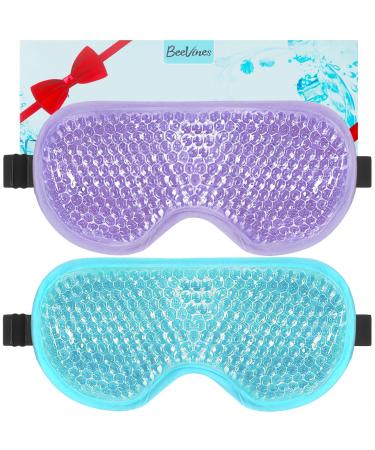 BeeVines Cooling Eye Mask 2 Pack Gel Cold Eye Mask for Puffy Eyes Eye Mask for Dark Circles Dry Eyes Cold & Warm Sleep Compress for Post Surgery Puffiness Allergies Sinuses (Blue & Purple) 02 Blue & Purple