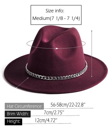 Gossifan Wine Red Fedora Hat with Chain Belt Buckle - Size 7 1/8-7 1/4 - Buy Online on SooperMarket.com