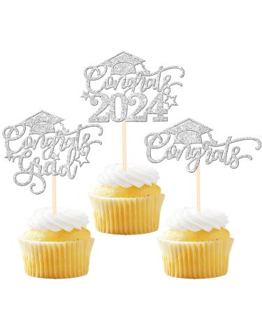 30 Pack 2023 Graduation Cupcake Toppers Glitter Grad Cap Cupcake Picks for 2023 Graduation Theme School Party Cake Decoration Supplies Silver congrats (30 pcs) Silver
