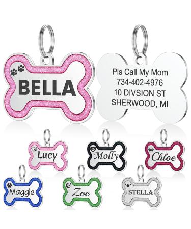 Dog brand with engraving - Yhananti personalized pendant for small to medium -sized dogs in glitter bones - stainless steel dog brand personalized with name telephone number and address (pink large) l pink