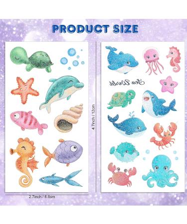 Sea Animals Temporary Glitter Tattoos - 20 Sheets for Kids Party Favors | Dolphin, Shark, Octopus, Fish Stickers - Buy Online on SooperMarket.com