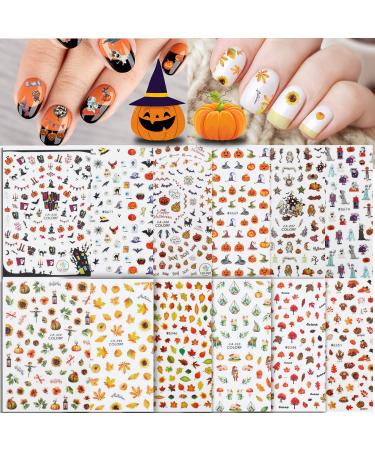 Whaline 1000+ Autumn & Halloween Nail Art Stickers 12 Sheet Fall Leaves Pumpkin Bat Ghost Pattern Nail Decals Self-Adhesive Nail Decoration for Autumn Halloween Party Favors Nail DIY Women Girls