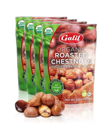 Galil Organic Roasted Chestnuts Pack of 4 - Shelled & Ready to Eat - Gluten Free Vegan Organic Non-GMO Kosher Snacks - Great for Baking Cooking & Turkey Stuffing 3.5oz Bags
