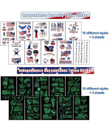 60 Sheets 4th of July Glow in the Dark Patriotic Temporary Tattoos with American Flag Design - Buy Online on SooperMarket.com
